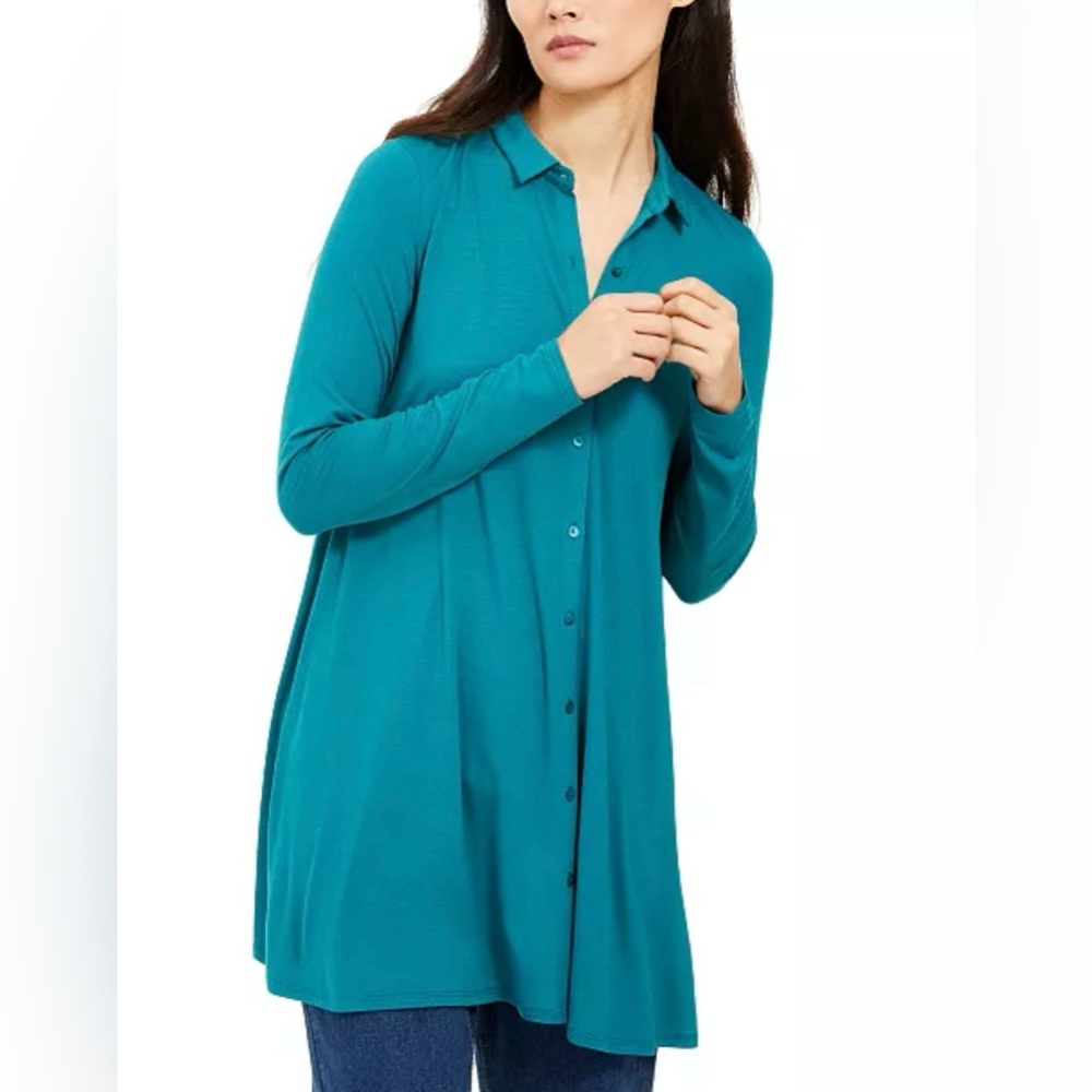 Eileen Fisher Point-Collar Button-Up Tunic Teal Size Large